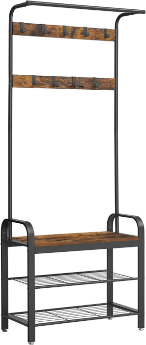 Cuier pentru haine, cu banc depozitare pantofi, 9 carlige detasabile, sina pentru haine, 34x77x183cm, industrial, maro rustic si negru [6]