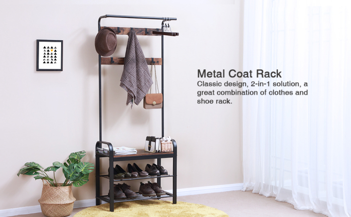 Cuier pentru haine, cu banc depozitare pantofi, 9 carlige detasabile, sina pentru haine, 34x77x183cm, industrial, maro rustic si negru [5]