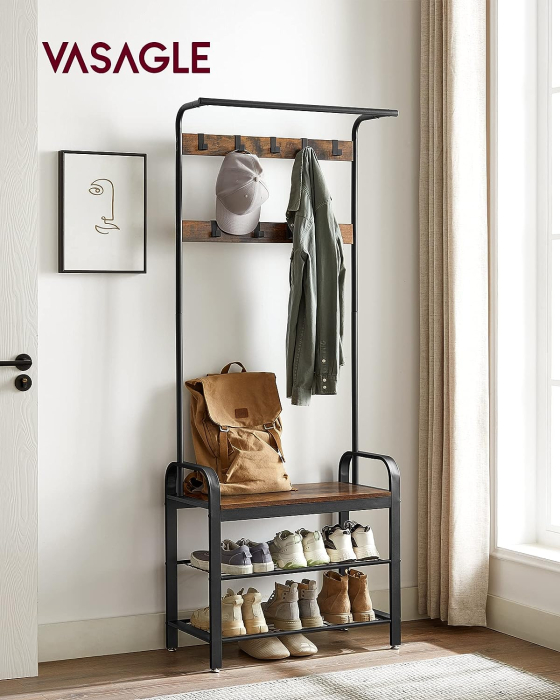 Cuier pentru haine, cu banc depozitare pantofi, 9 carlige detasabile, sina pentru haine, 34x77x183cm, industrial, maro rustic si negru [7]