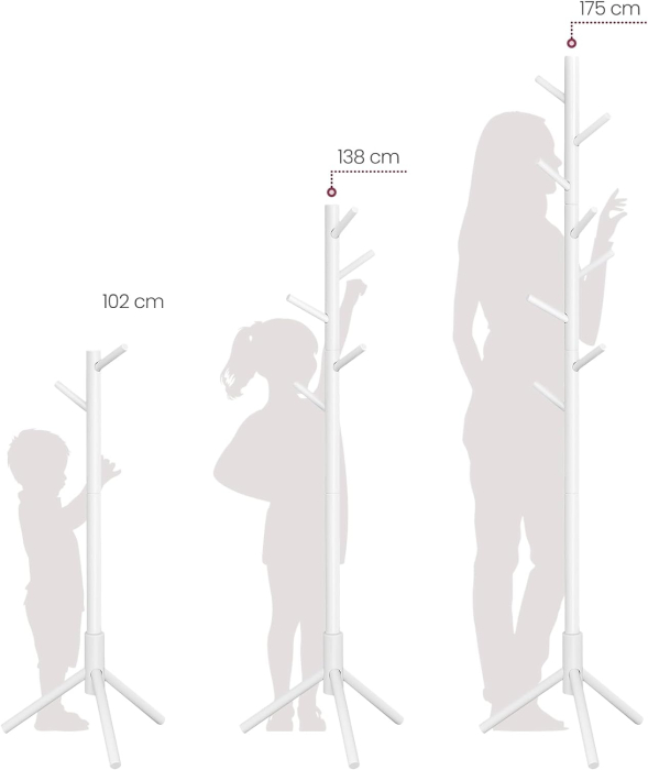 Cuier pentru haine, din lemn masiv, tip pom, cu 8 carlige, 175cm, alb [8]