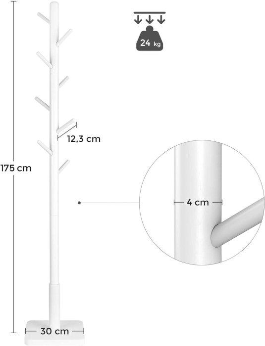 Cuier pentru haine, din lemn masiv, tip pom, cu 8 carlige, baza patrata, 175cm, alb [4]