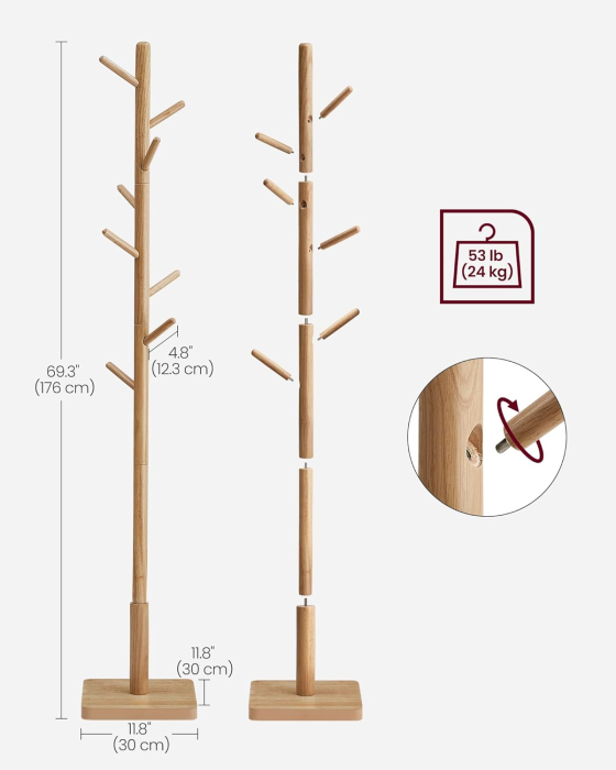Cuier tip copac din lemn masiv, cu 8 carlige si baza patrata, 30x30x176 cm, bej natural [4]
