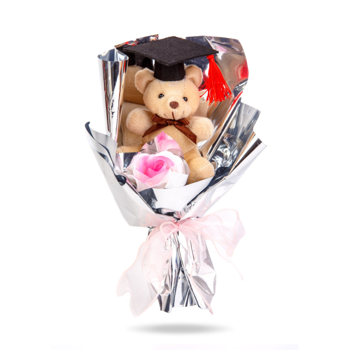 Decor cu floare artificială - trandafir cu ursuleț - 14 x 10,5 x 26 cm [1]