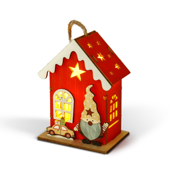 Decorațiune de Crăciun cu LED – căsuță cu spiriduș – lumină alb cald – roșu – 7,5 x 5 x 10 cm [1]