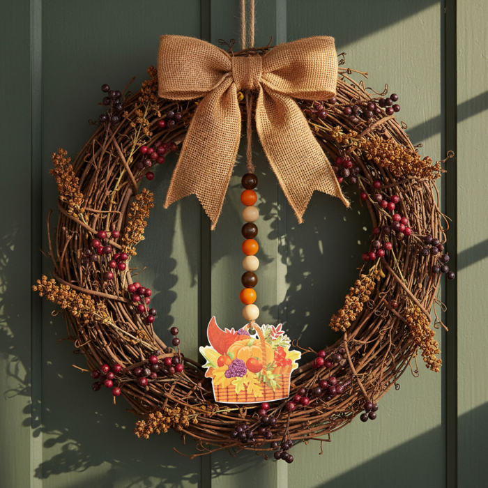 Decorațiune de toamnă – coș al abundenței – din lemn – agățat – 29 x 9 cm [2]