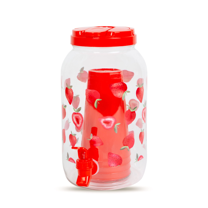 Dozator de băuturi cu robinet, set pahare plastic - 3,8 l - căpșuni [3]