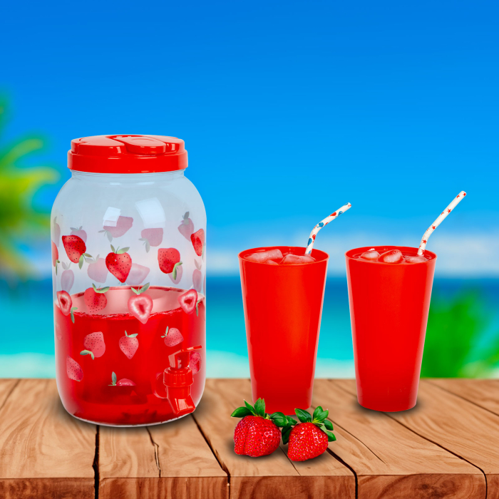 Dozator de băuturi cu robinet, set pahare plastic - 3,8 l - căpșuni [1]