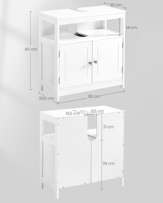 Dulap baie 60x30x60 cm, 2 usi, compartiment deschis, stil scandinav, alb mat [7]