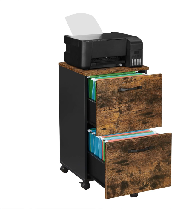 Dulap birou tip rollbox cu 2 sertare pentru documente A4, cu roti, stil industrial, 42x40x70 cm, maro rustic [4]