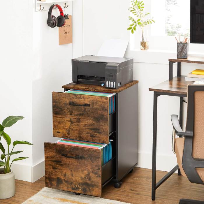 Dulap birou tip rollbox cu 2 sertare pentru documente A4, cu roti, stil industrial, 42x40x70 cm, maro rustic [6]