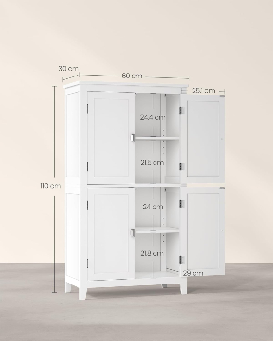 Dulap de baie, din MDF, cu 2 compartimente si 4 usi, rafturi reglabile, 30x60x110cm, alb [2]