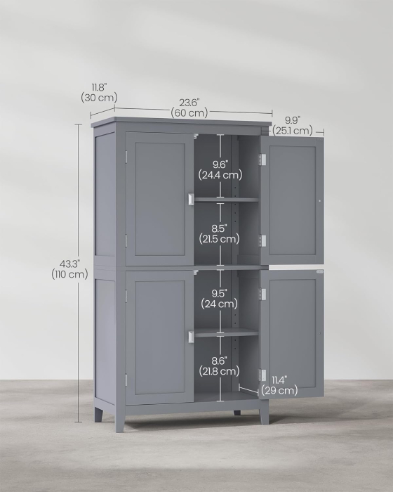 Dulap de baie, din MDF, cu 2 compartimente si 4 usi, rafturi reglabile, 30x60x110cm, gri [2]
