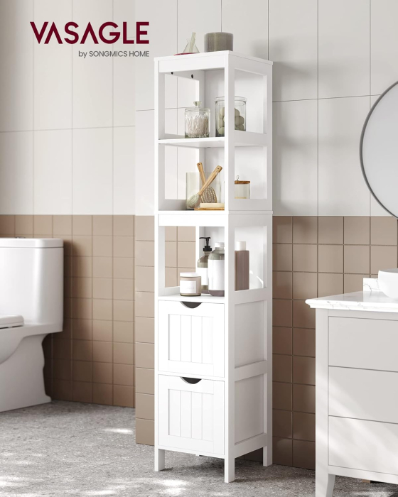 Dulap de baie tip coloana, din MDF, cu 2 sertare si 3 rafturi, 30x30x142 cm, alb [1]