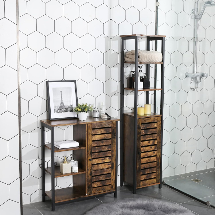 Dulap de depozitare in stil turn, 5 rafturi, compartiment cu usa, 37x30x167cm, maro rustic [6]