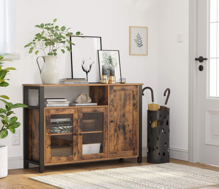 Dulap de depozitare tip bufet, cu 3 usi, stil industrial, 110x33x75cm, maro rustic si negru [3]