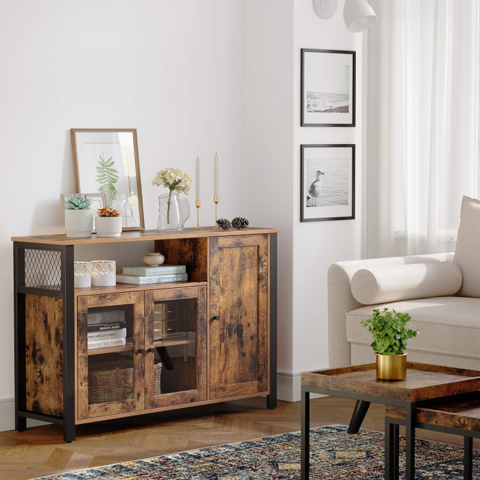 Dulap de depozitare tip bufet, cu 3 usi, stil industrial, 110x33x75cm, maro rustic si negru [4]