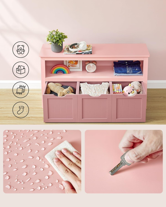 Dulap depozitare jucarii, din MDF, cu 3 compartimente detasabile pe roti,  30x102x60 cm, roz [5]