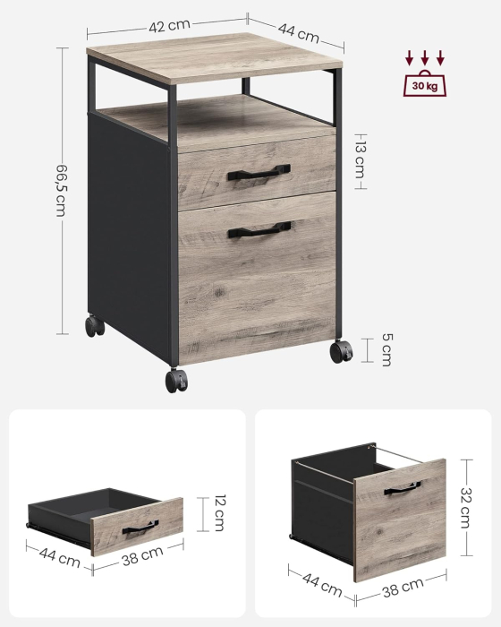 Dulap mobil 42x44x69 cm, cu 2 sertare si roti cu frana, compartiment deschis si suport dosare, PAL si otel, gri si negru [7]