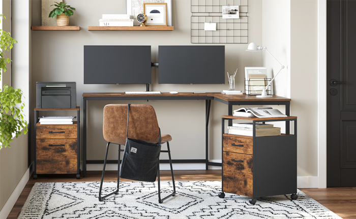 Dulap mobil tip rollbox pentru birouri, cu 2 sertare, stil industrial, 44x42x67cm, maro rustic [2]