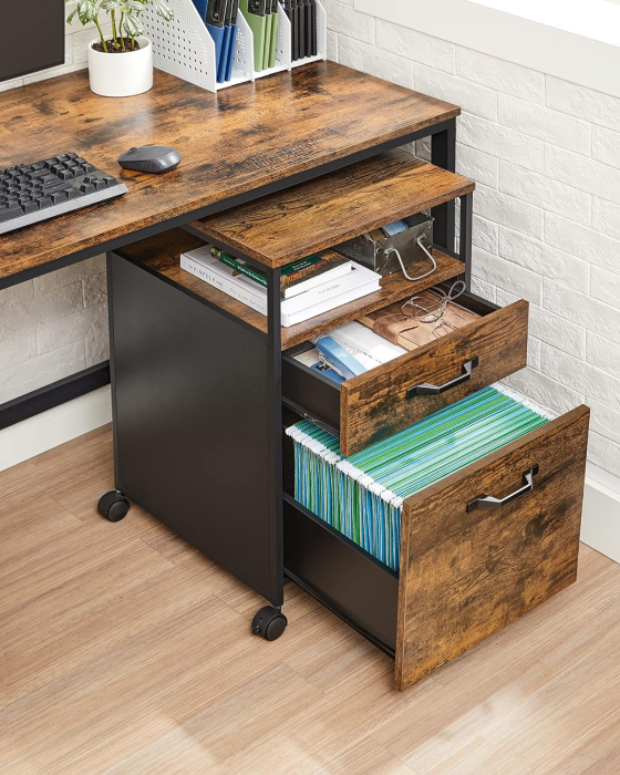Dulap mobil tip rollbox pentru birouri, cu 2 sertare, stil industrial, 44x42x67cm, maro rustic [6]
