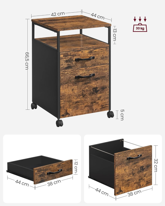 Dulap mobil tip rollbox pentru birouri, cu 2 sertare, stil industrial, 44x42x67cm, maro rustic [4]