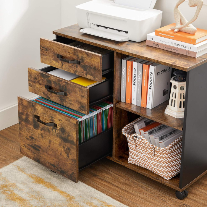 Dulap mobil tip rollbox pentru birouri, sertar cu sina suport dosare, stil industrial, 40x80x66 cm, maro rustic [11]