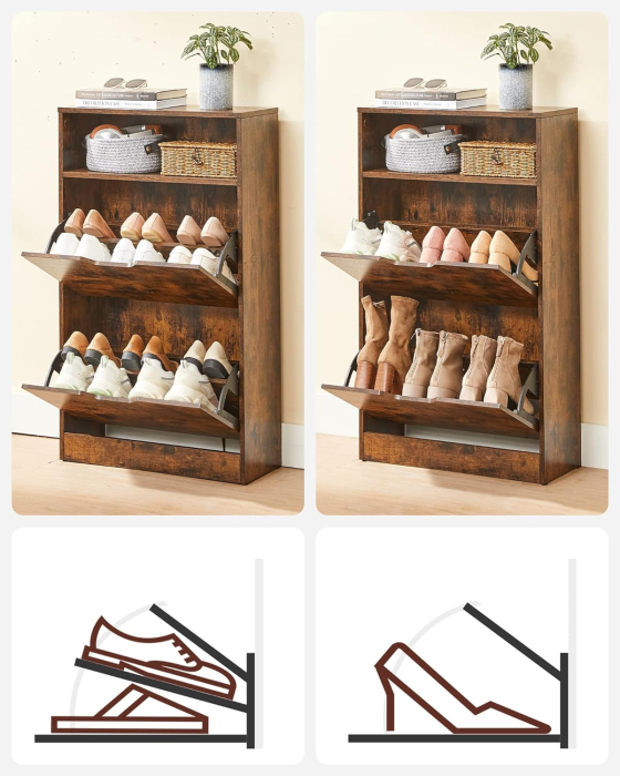 Dulap pantofi cu 2 usi flip, separator reglabil si detasabil, pentru 8-12 perechi, 24x60x102cm, maro rustic [5]