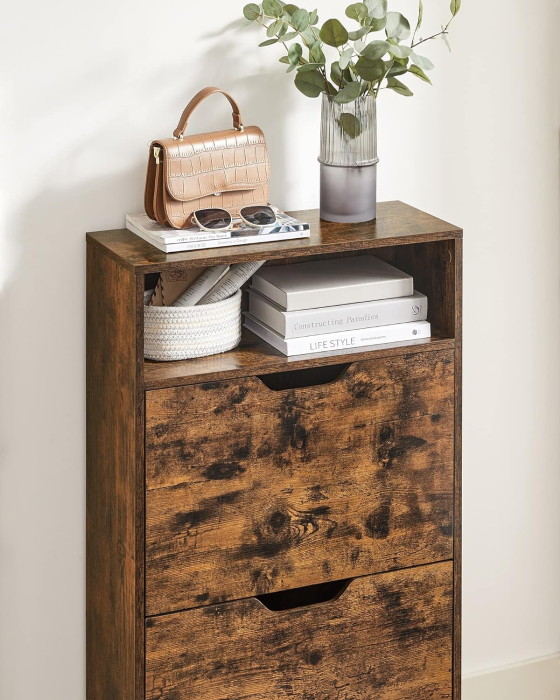 Dulap pantofi cu 2 usi flip, separator reglabil si detasabil, pentru 8-12 perechi, 24x60x102cm, maro rustic [4]