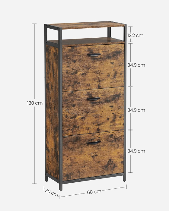 Dulap pentru pantofi cu 3 usi rabatabile, despartitoare interioare, pentru 15-18 perechi, 60x30x130cm, maro rusic si negru [2]