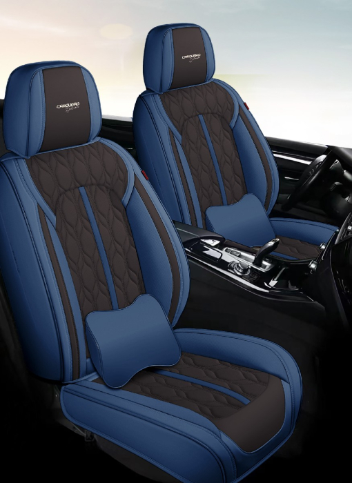 Huse auto premium 5 locuri Carguard Deluxe piele ecologică perforată - albastru inchis - negru [2]
