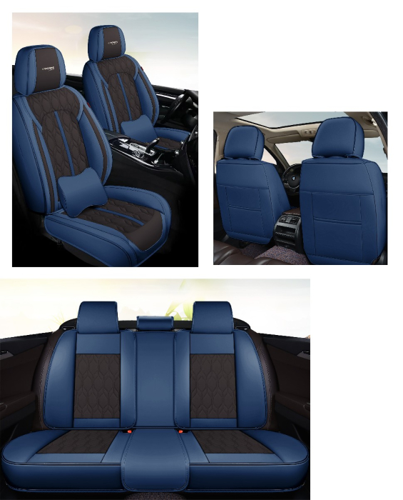 Huse auto premium 5 locuri Carguard Deluxe piele ecologică perforată - albastru inchis - negru [5]