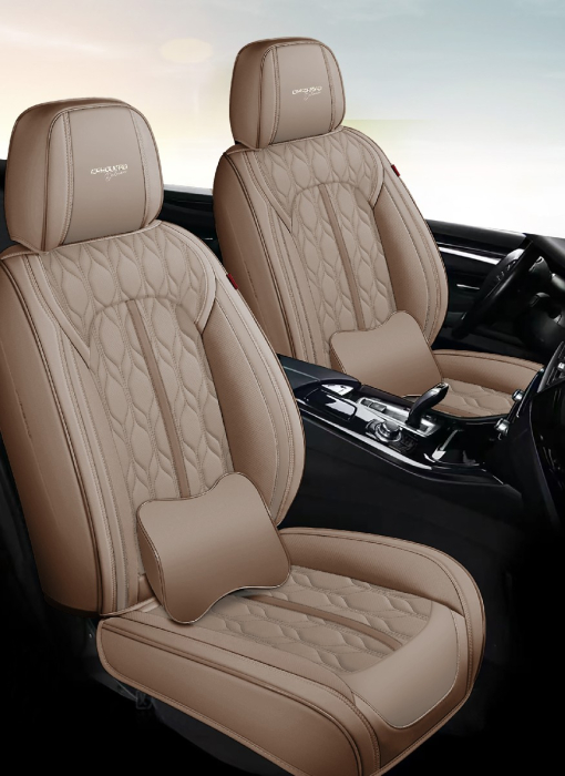 Huse auto premium 5 locuri Carguard Deluxe piele ecologică perforată - maro deschis - crem [2]