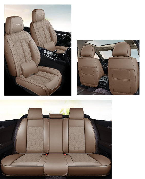 Huse auto premium 5 locuri Carguard Deluxe piele ecologică perforată - maro deschis - crem [5]