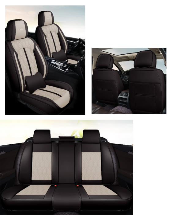 Huse auto premium 5 locuri Carguard Deluxe piele ecologică perforată - negru - crem [2]