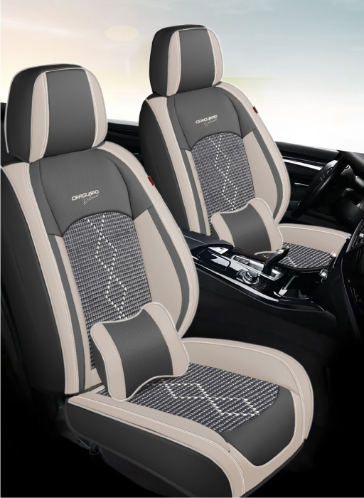 Huse auto premium 5 locuri Carguard Deluxe piele ecologică perforată și textil  - gri deschis - gri inchis [2]