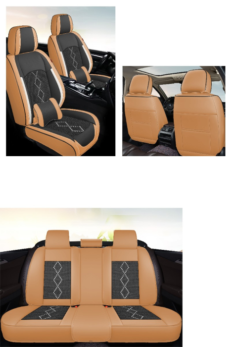 Huse auto premium 5 locuri Carguard Deluxe piele ecologică perforată și textil - maro caramel [2]