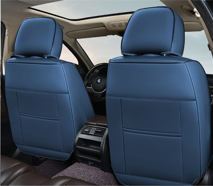 Huse auto premium 5 locuri Carguard Deluxe piele ecologică perforată și textil - negru - albastru închis [4]