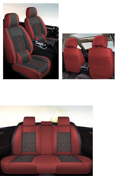 Huse auto premium 5 locuri Carguard Deluxe piele ecologică perforată și textil - roșu închis - negru [5]