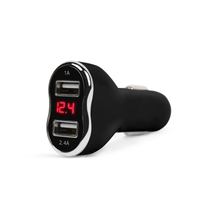 Încarcător brichetă auto telefon - 2 x USB, cu voltmetru - negru [1]