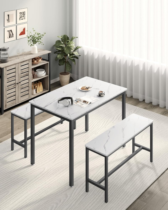 Masa de bar cu 2 banci, design industrial, 110x70x75 cm, alb marmura [2]