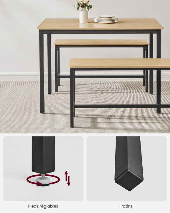 Masa de bar cu 2 banci, design industrial, 110x70x75 cm, stejar natur [4]