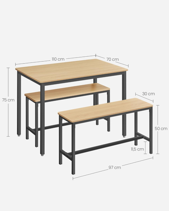 Masa de bar cu 2 banci, design industrial, 110x70x75 cm, stejar natur [3]