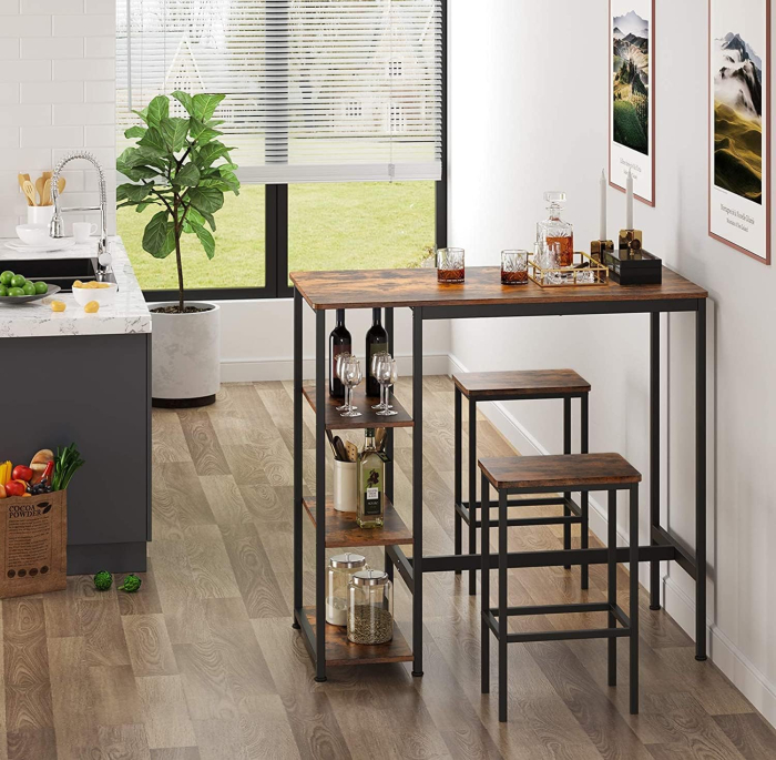 Masa de bar dreptunghiulara cu cadru metalic, 3 rafturi, design industrial, 109x60x100cm, maro vintage si negru [5]