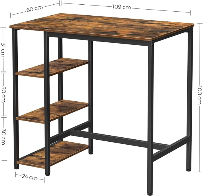 Masa de bar dreptunghiulara cu cadru metalic, 3 rafturi, design industrial, 109x60x100cm, maro vintage si negru [3]
