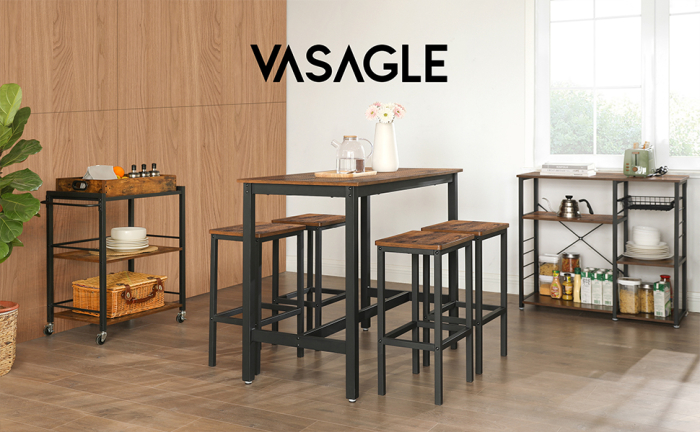Masa de bar dreptunghiulara cu cadru metalic, 3 rafturi, design industrial, 109x60x100cm, maro vintage si negru [1]