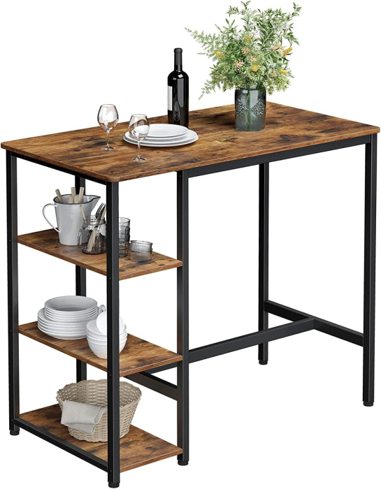 Masa de bar dreptunghiulara cu cadru metalic, 3 rafturi, design industrial, 109x60x100cm, maro vintage si negru [8]
