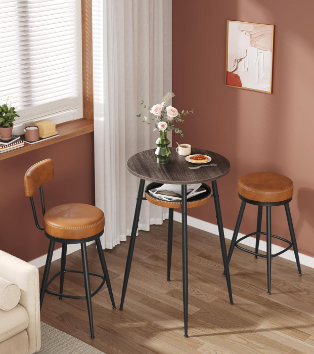 Masa de bar maro, 70x70x91 cm – design elegant cu piele artificiala, blat 60 cm, stabila si usor de asamblat [5]