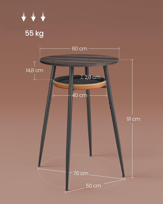Masa de bar maro, 70x70x91 cm – design elegant cu piele artificiala, blat 60 cm, stabila si usor de asamblat [2]