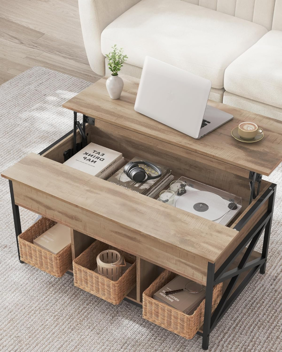 Masa de cafea cu inaltime reglabila, spatiu de depozitare ascuns, 60x100x(48-62) cm, gri stejar [3]