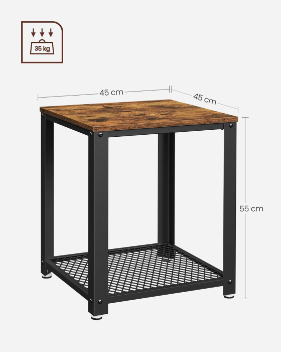Masa de cafea laterala, tip noptiera, cu cadru metalic, 45x45x55cm, maro rustic si negru [2]